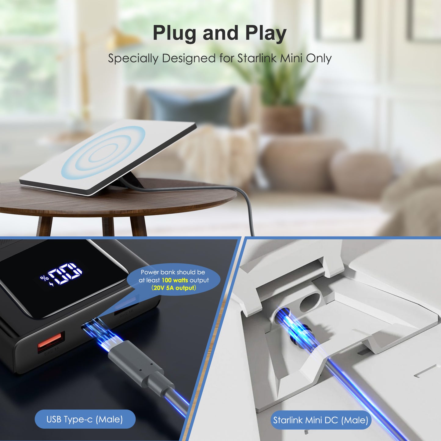 15 ft Usb C to DC male Power cable for Starlink Mini